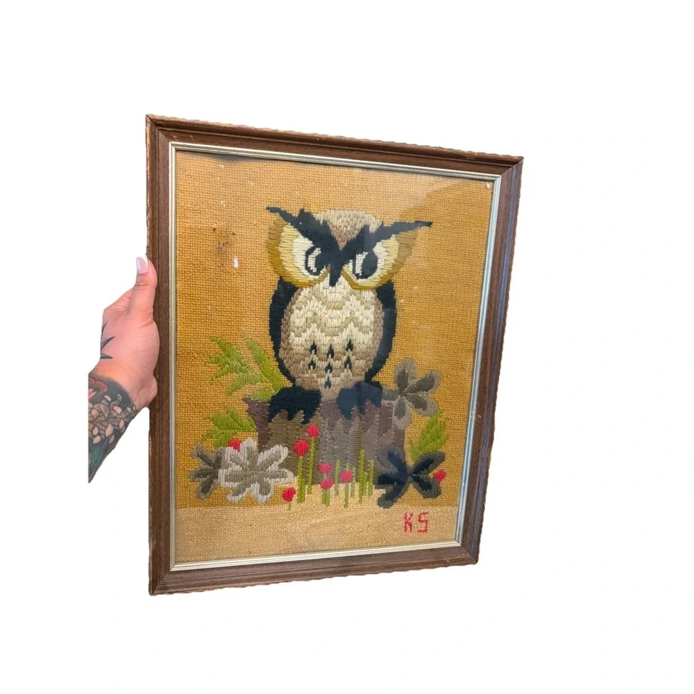 Vintage Framed Needlepoint Needlepoint Owl Wall Hanging Framed Art Retro 16x20